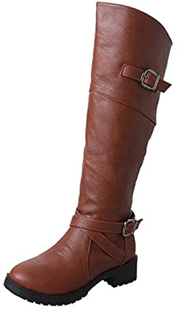 Boots Buckle Mid Tacco Boots High Long Heel Leather Women Shoes Boots Women's Boots Stivali Neve Donna 37 Stivale Gomma Donna (Brown, 37)