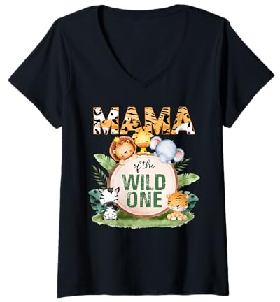 Damen Mama Of The Wild One Safari-Familienpaarung zum 1. Geburtstag T-Shirt mit V-Ausschnitt