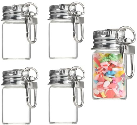VASANA 5PCS 7ml /0.23oz Small Glass Bottles Aluminium Cap Ornament Wishing Bottles with Key Chain Clasp Crafts Gift Pendants DIY Glass Jars Miniature Message Bottle