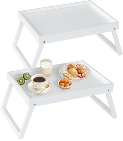 Plateau de lit en Bambou avec ieds Pliants, Plateau de Petit Déjeuner au lit, Plateau de Service pour la Cuisine, Plateau de Service, Plateau de Nourriture, Canapé, Snack (Blanc)