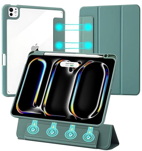 Tasnme Detachable Case for iPad Pro 11 Inch (M5/M4, 2025/2024), Removable Magnetic Smart Cover, Transparent PC Hard Back with Pencil Holder, Auto Wake/Sleep (Dark Green)