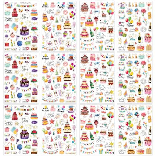 Guyode 12 Stück Sticker Geburtstag, 4 Stile Aufkleber Geburtstag, Geburtstagssticker für Kinder, 20 x 14 cm Sticker für Fotoalbum Geschenke Gästebuch Fotobuch Geburtstagskarten DIY Karten