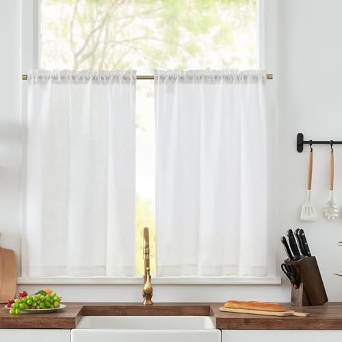 Cortinas de Paneles, 2 Unidades de Cortinas Bistro, 65 x 60 cm (Ancho x Alto), Cortinas Cortas, Cortinas de Cocina, para Baño, Decoración de Ventanas Pequeñas, Blanco