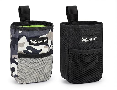 Barpre 2 Pack Dog Treat Pouch with Belt Clip - Small Training Bag for Puppy & Dogs - Durable 600D Oxford Walking Accessories - Hands-Free Reward Snack Holder (Black & Camouflage)