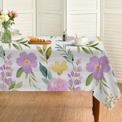 Lila Blüten Tischdecke Abwaschbar Quadratisch, Gartentischdecke für Outdoor Pflanzendrucke, Tischdecke Lila Wasserabweisend, Tischtuch für Küche, Restaurant, Hochzeit, Bankett (110x110 cm) A02