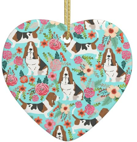 Sweet Basset Hound Blumen, Weihnachtsschmuck, Ornament für Weihnachtsbaum, Keramikherz, Andenken, Weihnachtsschmuck