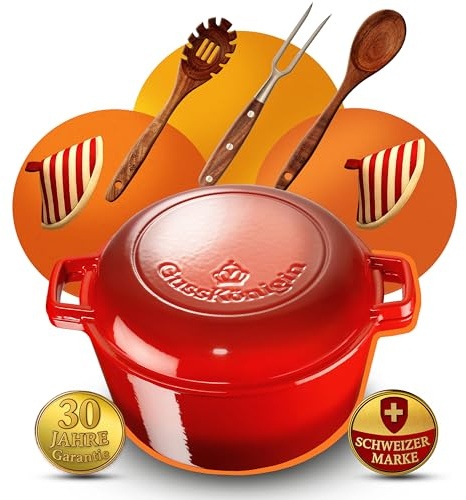 GUSSKÖNIGIN 2in1 Gusseisen Bräter 26 cm – Dutch Oven & Emaille Schmortopf mit Deckel – Gusseisen-Topf und Emaille Topf für Induktion– Cocotte/Bräter & Schmortöpfe – Bratentopf mit 30 Jahre Garantie