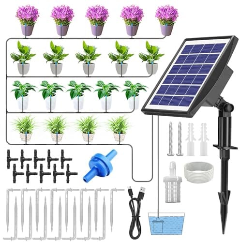 GOEDCH Sistema di irrigazione solare da 3 W, 15 m, sistema di irrigazione automatico con timer digitale, sistema di irrigazione a goccia, USB Type-C, sistema di irrigazione da giardino, per piante da