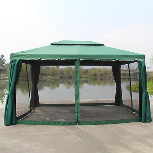 Pergola double toit avec système de drainage, structure en métal, moustiquaire pour jardin, pelouse, terrasse, vert foncé