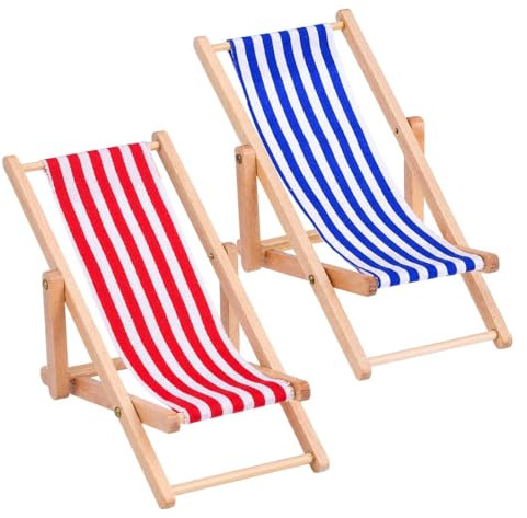 AWOXIHJ Miniatur Strand Stuhl, 2 Stück Hölzerner Mini Deko Liegestuhl | Puppenliegestuhl | Strandstuhl | Handyhalter | Miniliegestuhl | Klappstuhl, Blau-weißer Stoffsitz, ca.11x5cm