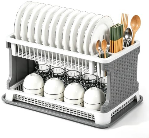 Escurreplatos Plastic, 2 Capas Escurridor de Platos, 44.2x30x26.8cm, Gris | Escurreplatos con Bandeja, Gran Capacidad y Resistencia