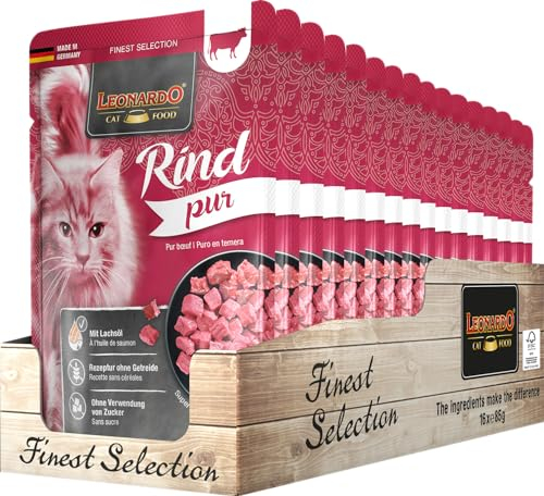 LEONARDO Frischebeutel [16x85g Rind pur] | Getreidefreies Nassfutter für Katzen | Feuchtfutter Alleinfutter im Einzelportionsbeutel