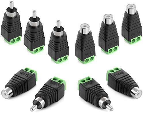 Poppstar RCA Cinch Stecker Adapter Set (5X RCA Stecker / 5X RCA Buchse auf 2-Pin Terminal-Block) DC Cinch-Anschluss für Audio-, Videokabel, CCTV-Kamera, Lautsprecher