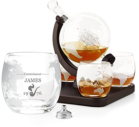 Maverton Globe Whiskey Decanter Set with 4 Glasses, Connoisseur | 850 Ml Carafe with Ship Inside, You can Personalise Tumblers as Gift for Men