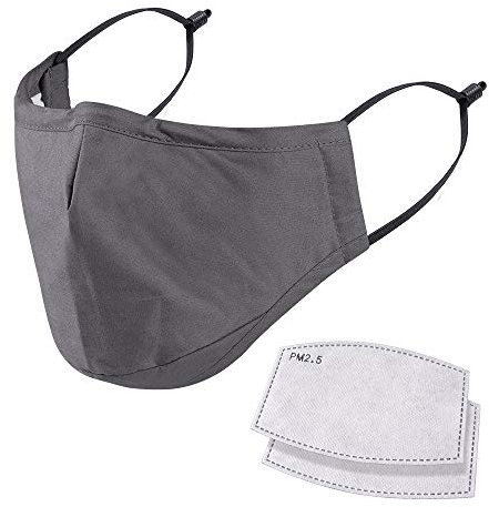 NUÜR Reusable Face Mask, Washable Cotton Mask with Inserted Nose Clip & 2pcs 5 Layer Filters, Durable, Breathable for Daily Use, Grey