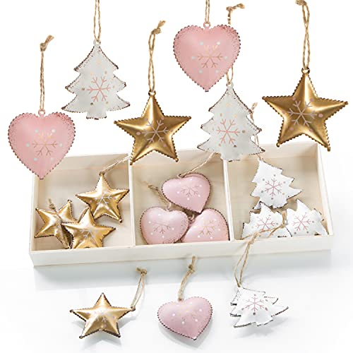 Logbuch-Verlag 18 piccoli ciondoli in metallo a forma di cuore + stella + albero rosa oro bianco – decorazioni per albero di Natale da appendere