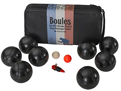 Komonee 8 Boules Petanque Bowls Set Luxury Polished Black Stainless Steel Balls Popular French Game Includes Measure With Wooden Jacks And Black Canvas Carry Bag