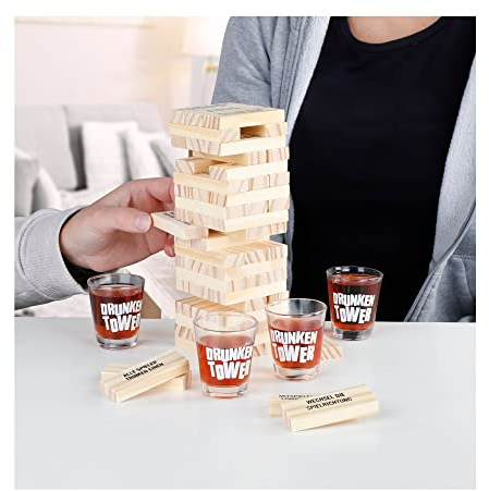 Benelando Trinkspiel Wackelturm + 4 Gläser Stapelturm Geschicklichkeitsspiel Partyspiel