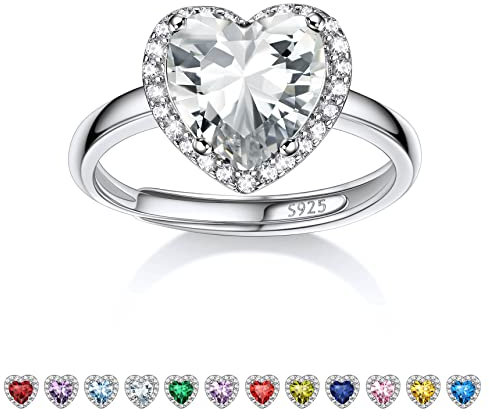 Bestyle Mondstein Ring Silber 925 Damen Verstellbare Ringe mit Geburtsstein April Fingerringe Herz-Ehering Zirkonia Schmuck für Mädchen