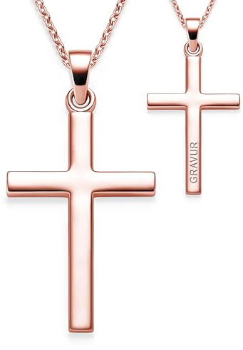 Kreuz Kette Kommunion Mädchen Rosegold (Silber 925 vergoldet) mit Gravur | Anhänger Halskette Kinder Junge Schmuck Taufkette, Geschenke zur Taufe Erstkommunion Konfirmation Firmung Taufkette