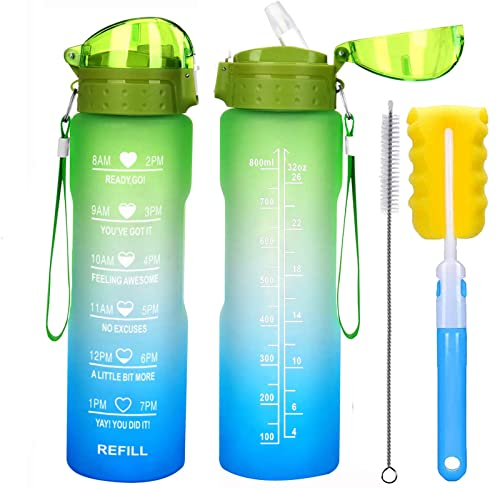 XACIOA Trinkflasche 1l mit Stroh,Tritan Getränk Sportflasche auslaufsicher,BPA-Frei Wasserflasche Mit Bürste,Zeitmarkierungen,Kantine Flasche für Kinder,Fitness,Yoga,Camping,Radfahren,Büro