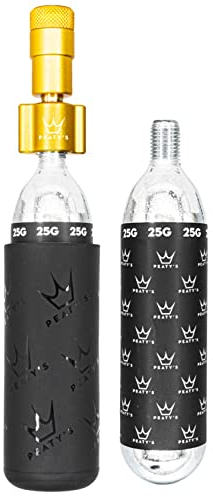 Peaty's Holeshot CO2 Inflator - Reifenfüller Fahrrad mit 2 x 25g CO2 Kartusche, Aufblaskopf und Frostschutzhülle, CO2 Fahrradpumpe Alternative zur Luftpumpe, Geeignet für Presta-Ventile, MTB, Gold