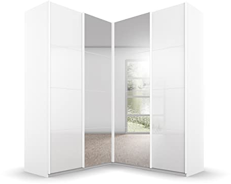 Rauch Möbel Quadra Schrank Eckschrank Schwebetürenschrank, Hochglanz Weiß / Weiß, 4-trg. mit Spiegel, inkl. 2 Kleiderstangen, 12 Einlegeböden, BxHxT 181x229x187 cm