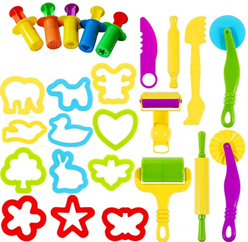 Pomurom 25 Dough Clay Modelling and Extrusion Tools Kit, Creative Dough Clay Rollers Extruders Shape Cutter Animals Molds Pla-stic Playset Dough Clay Accessories Kids Children