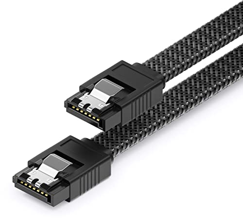 deleyCON 30 cm Cavo SATA 3 in Nylon 6 Gbit/s per Dati SATA III Cavo di Collegamento Serial ATA per Scheda Madre e Hard Drive HDD SSD con 2 Prese S-ATA a L Dritte in Nero