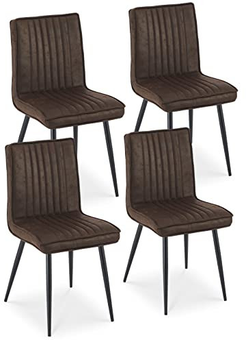 TUKAILAi Juego de 4 sillas de comedor tapizadas de piel de ante con respaldo y patas de metal negro fuerte, cocina, sala de estar, salón, ocio, dormitorio, comedor, restaurante, muebles retro marrón