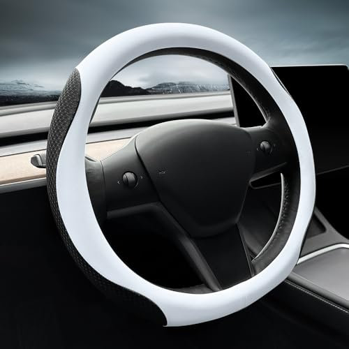 LKWLIKEI Nappa Leather Ultra-Thin Steering Wheel Cover, for Tesla Model 3/Y Steering Wheel Cover, Non-Slip Design and Interior Modification of car Accessories (White)