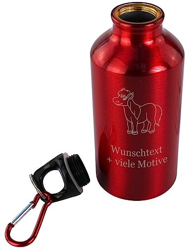 Trinkflasche Alu Rot mit Gravur und Motiv für Mädchen, Schüler, Kinder – ideal für unterwegs, Kindergarten, Schule, Sport, Reiten, Spielplatz, auslaufsicher, mit Schraubdeckel und Karabiner