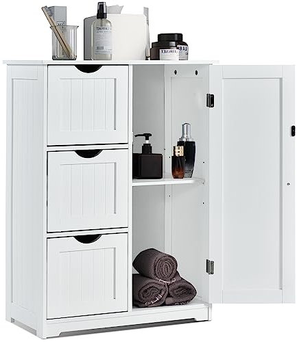 Multigot Bathroom Floor Cabinet, Freestanding Storage Organizer Unit with Adjustable Shelf, 1 Doors & 3/4 Drawers, Wooden Freestanding Cupboard for Entryway Kitchen Living Room(White, with 3 Drawer)