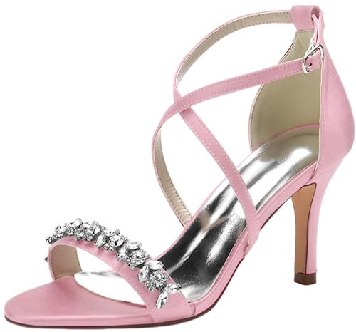 Sandali da donna con tacco da sposa in raso, con strass, 8,5 cm, punta aperta, pendenti, scarpe da lavoro, cinturino per il corpo, Rosa, 5