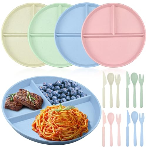 Set di 4 piatti piani divisi, piatti per il controllo delle porzioni da 22,9 cm, piatti riutilizzabili in plastica da campeggio e posate, piatti per controllo porzioni, adatti al microonde e alla