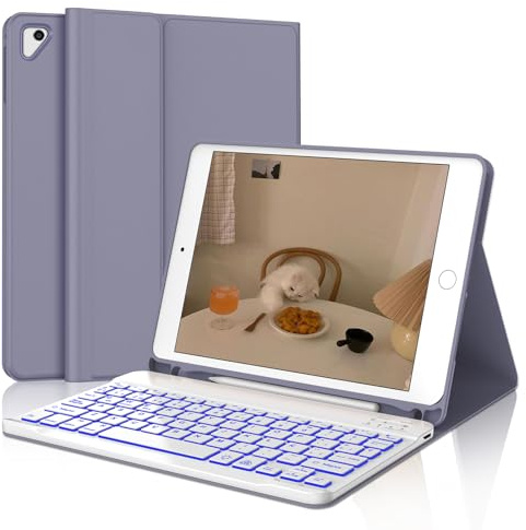 IVEOPPE Teclado iPad 6 Generación 9.7 2018, Funda Teclado Español Ñ Bluetooth Magnética Retroiluminados para iPad 5a Gen/Pro 9.7/Air 2/Air 1, Púrpura Lavanda