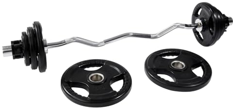 Equipped Gym - Olympic Ez Curl Bar With Plates. Barbell Weights Set Bundle With 37.5kg Cast Iron And Rubber Coated Tri Grip Weights. Gym Equipment For Home & Commercial Use For Both Men And Women