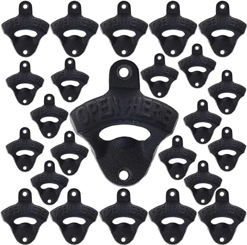 Luwanburg 24 PCS Black Cast Iron Bottle Opener Wall Mounted Beer Cap Opener Mountable Bulk for DIY Caddy Table Cooler