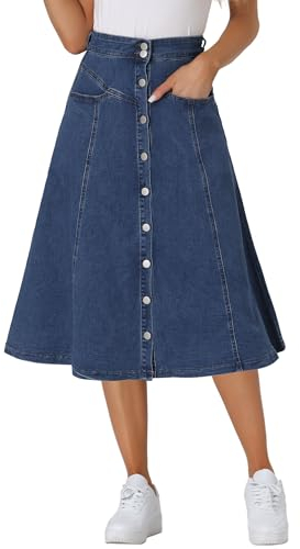 Allegra K Damen Denim Rock Dehnbar Hoher Taille Knopfleist Lang Jeansrock A-Linie Tasche Midirock Mittel Blau M