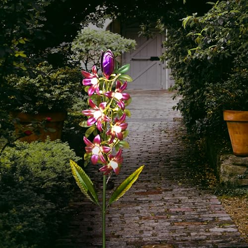 RCJSKJ Luces solares de decoración de jardín para adornos de césped, 42 pulgadas, flor de jacinto de metal, decoración al aire libre, estaca decorativa para patio, porche, patio (morado)