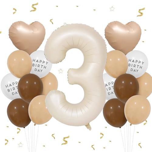 Geburtstagsdeko Mädchen 3 Jahr, VUCDXOP 3 Jahr Beige Geburtstag Deko, Luftballon 3. Geburtstag, Geburtstag deko 3 jahre Jungen, Folienzahlen Ballons, Riesen Folienballon Zahl 3 für Geburtstag Party