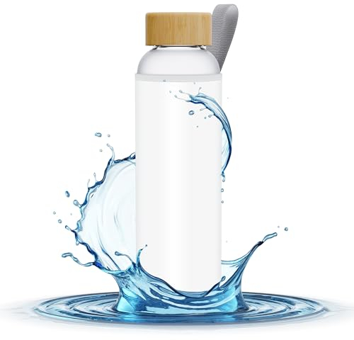 Aquafloow Bouteille d'eau en Verre Brosilicate Étui en Néoprène 700 ml, Flacons d'eau Transparents avec Couvercle en Bambou, Sans BPA | Idéale pour Le Bureau, L'école, La Maison – Blanc