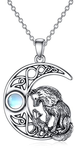 ROMANTICWORK Wolf Kette 925 Sterling Silber Mondstein Wolf Anhänger Mutter Tochter Wolf Halskette Keltische Wolf Schmuck Geschenke für Damen Mädchen