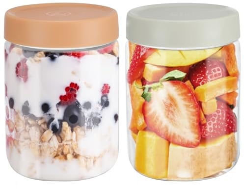 YUEYEE Overnight Oats Container,Microwaveable Overnight Oats Jar for Meal Prep,Storage,Pickling,2 Pack 600ml Multi Purpose Glass Jars with Lids Preserving Fruit Salad Yogurt Chutney Jam