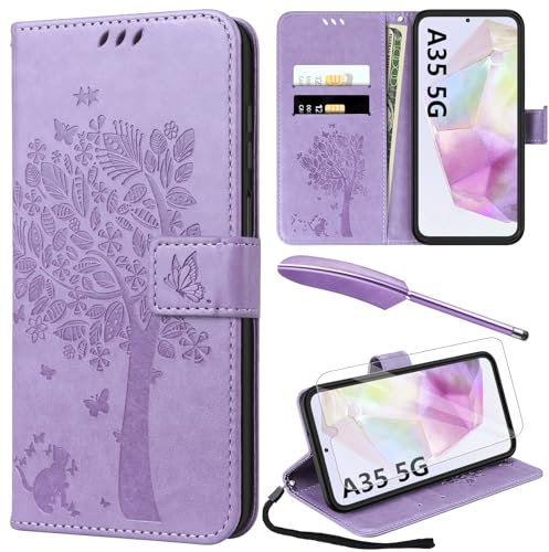 YIRSUR for Samsung Galaxy A35 5G Case with Screen Protector and Touch pen, Purple Leather Flip Wallet Case Magnetic Closure Cover with Card Slots and Kickstand for Galaxy A35 5G Phone Cover