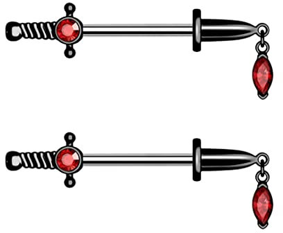 CM Crareesi Mania Dolch Nippelpiercing Schwarz Brustwarzenpiercing 14g Nippel Piercings 316L Chirurgenstahl Gotisch Baumelnd rot Zirkonia Brustpiercing Schmuck Frau Männer