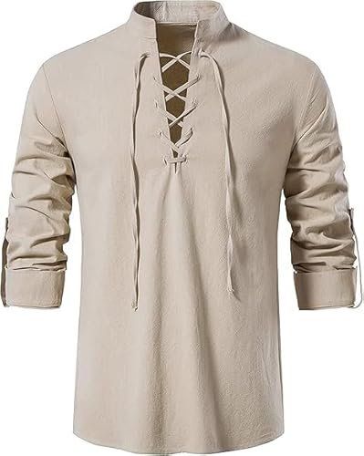 Enlision Mens Cotton Linen Shirts Lace up Medieval Vintage Costume Long Sleeve Classic Scottish Jacobite Ghillie Kilt Shirt Khaki 3XL