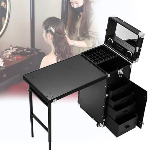 DPLWJPP Tragbarer Rollender Maniküretisch,Multifunktions-Make-Up-Tisch Mit Zugstange,Mit Stauraum,360°-Universalrad,Arbeitstisch Und Spiegel,Für Technikersalon,Black