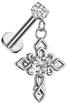 beyoutifulthings Lippen-Piercing Keltisches Kreuz Zirkonia-Herz Silber Clear Piercing-s Stecker Chirurgenstahl Schraub-Verschluss Stab 8-mm lang