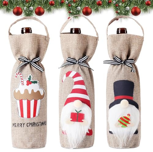 Bolsa de vino, 3 unidades para botellas de vino, bolsas de vino, bolsas de regalo para botellas, 3 estilos de bolsas de vino, bolsas de vino de yute, bolsas de botellas de Navidad, para vino, whisky,